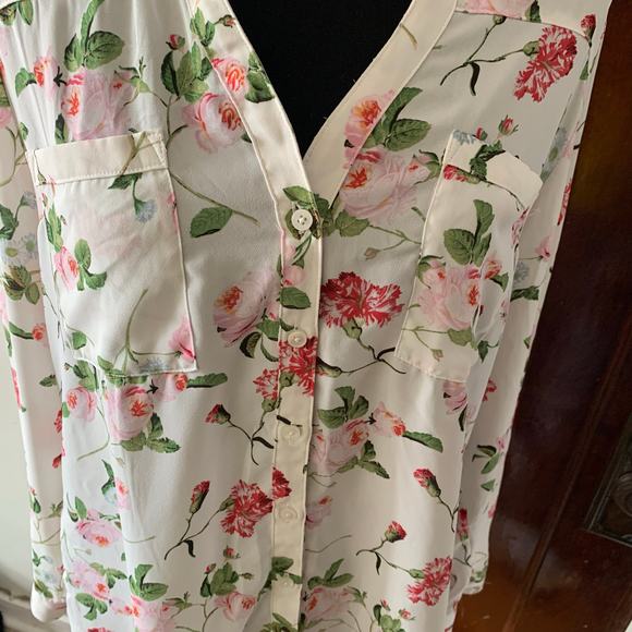 Express White Chiffon Collared Button Down White Floral Shirt LARGE Roll Tab - Picture 7 of 16